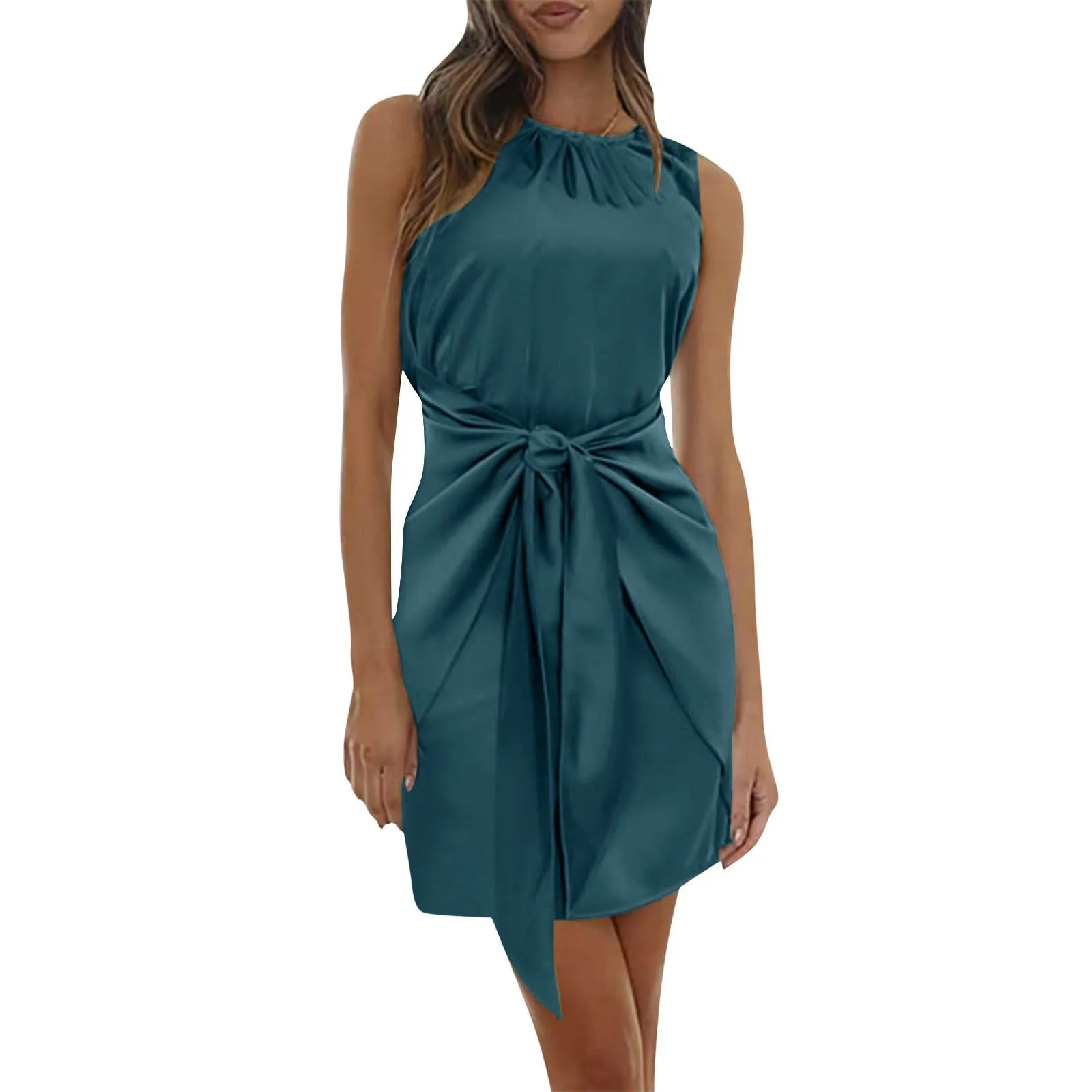 Женское атласное платье Temprament однотонное без рукавов с круглым вырезом