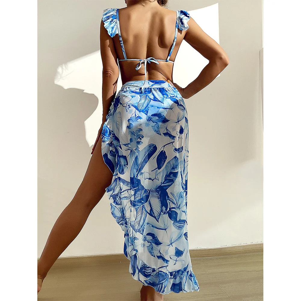 Летний комплект из 3 предметов с цветочным принтом женский купальник оборками