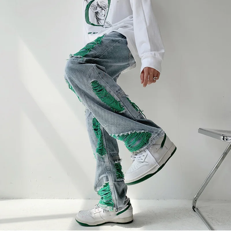 High Street Men's Jeans Contrast Color Ripped Baggy Fashion Denim Trousers Hip Hop Streetwear Plus Size Bottoms Male Y2K Clothes