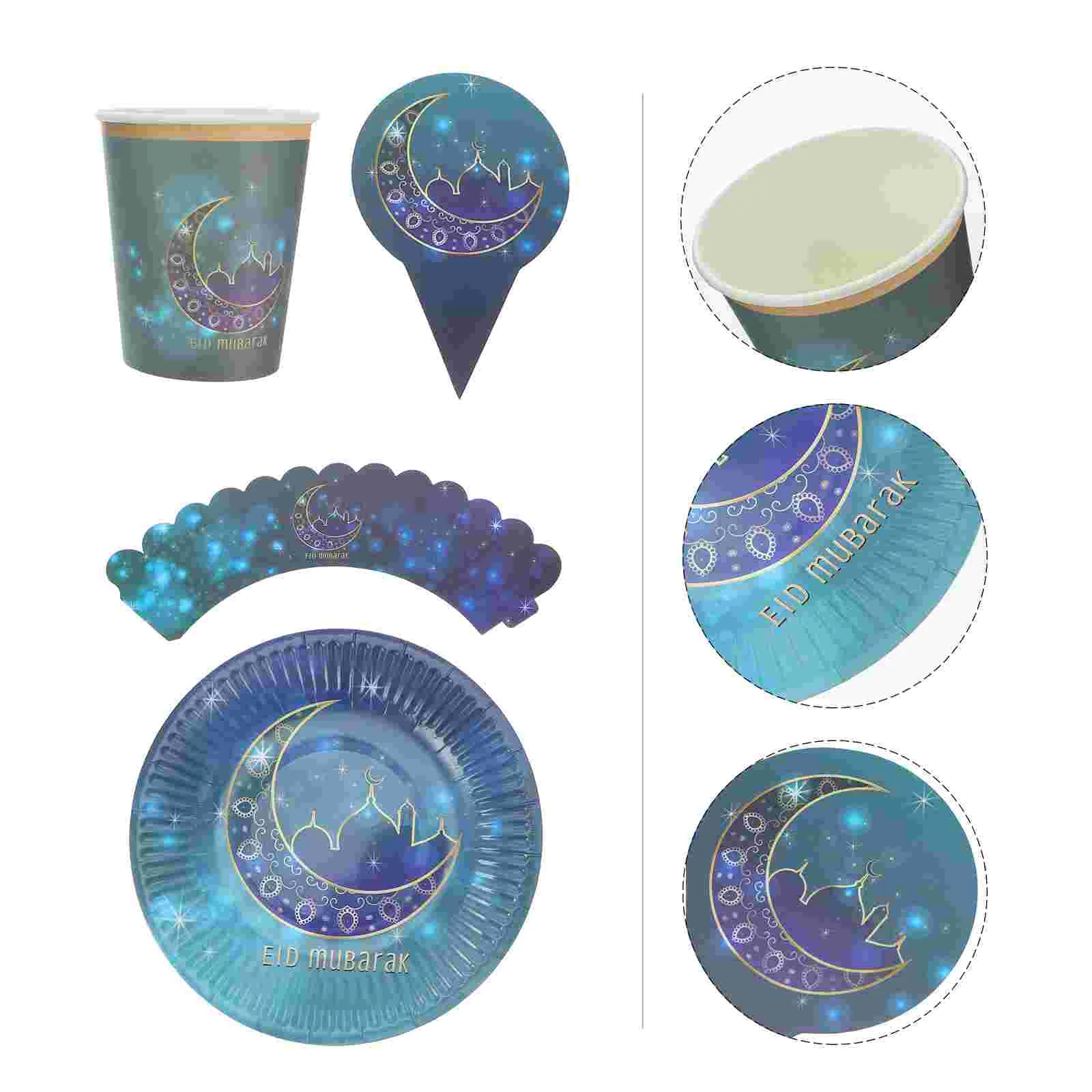 36pcs Ramadan Paper Cups Rims Toppers Plates Disposable for Home Party