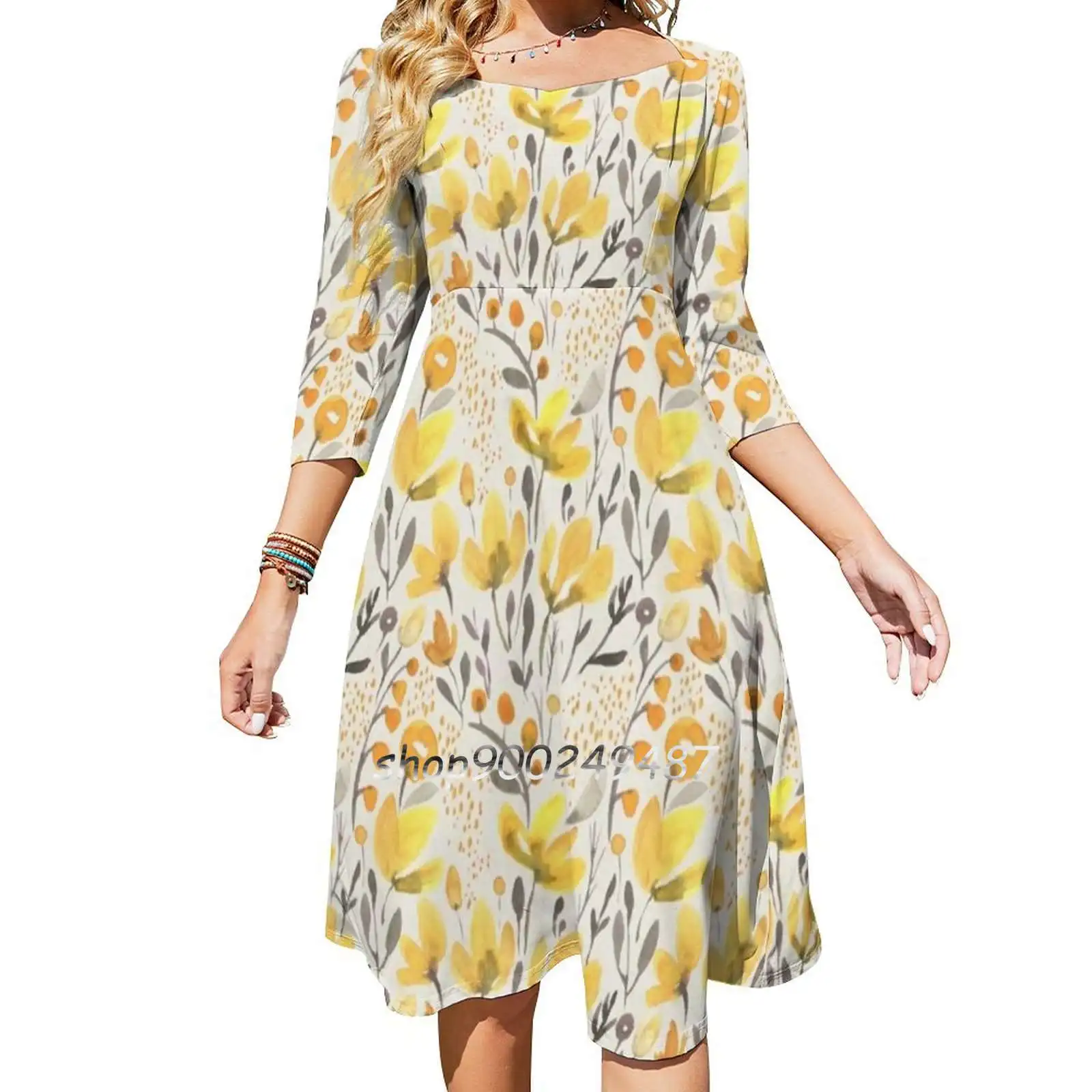 

Yellow Field Sweetheart Knot Flared Dress Fashion Design Large Size Loose Dress Floral Pattern Botanical Watercolor Watercolour