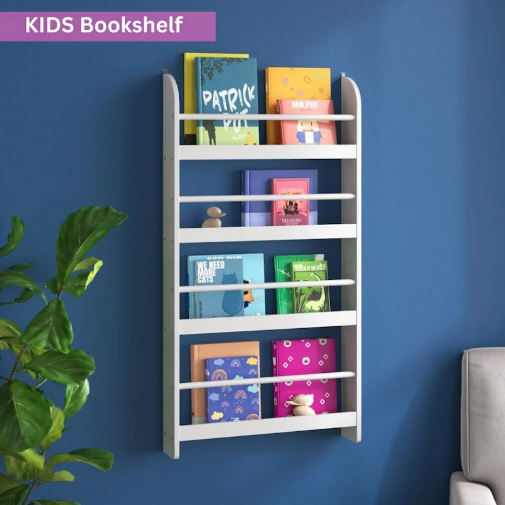 

Montessori kids Bookshelf Wall Mounted 4-Tier Kid Bookshelf Storage Rack, Organizer Stand for Books, Toys for Bedroom White