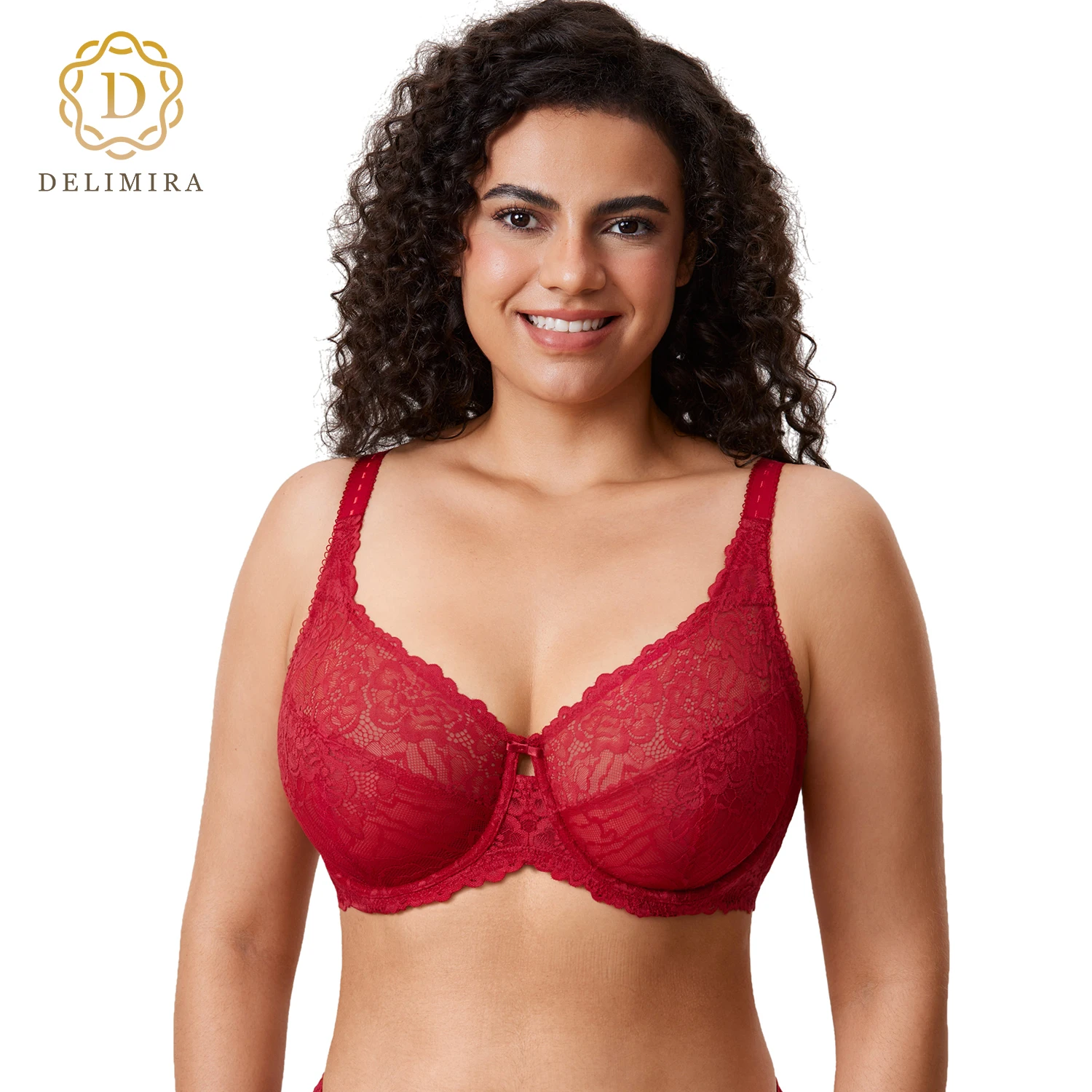 DELIMIRA Women's Minimizer Bra Plus Size Lace Floral Full Coverage Underwire Unlined Mesh Transparent D DD E F G H