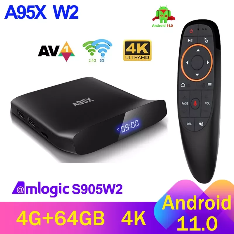 

Приставка Смарт-ТВ A95X W2, Android 11, Amlogic S905W2, 4 + 32/64 ГБ, 2,4/ГГц, 4K, Bluetooth