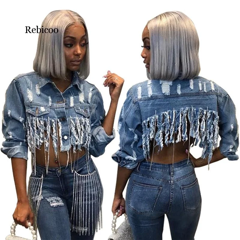 

Women's Jackets Rebicoo Tassel Ripped Cropped Jean Jacket Women Autumn Chain Long Sleeve Denim Streetwear Short Coat Female