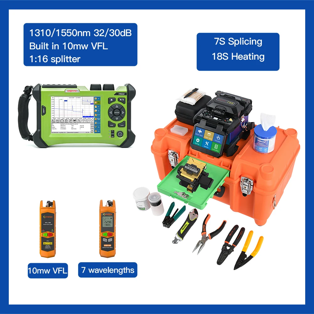 

Orientek T45 Fiber Fusion Splicer 7s Splicing+TR600-S SM OTDR 1310/1550nm 32/30dB Built in VFL+Fiber Power Meter+10mw Checker