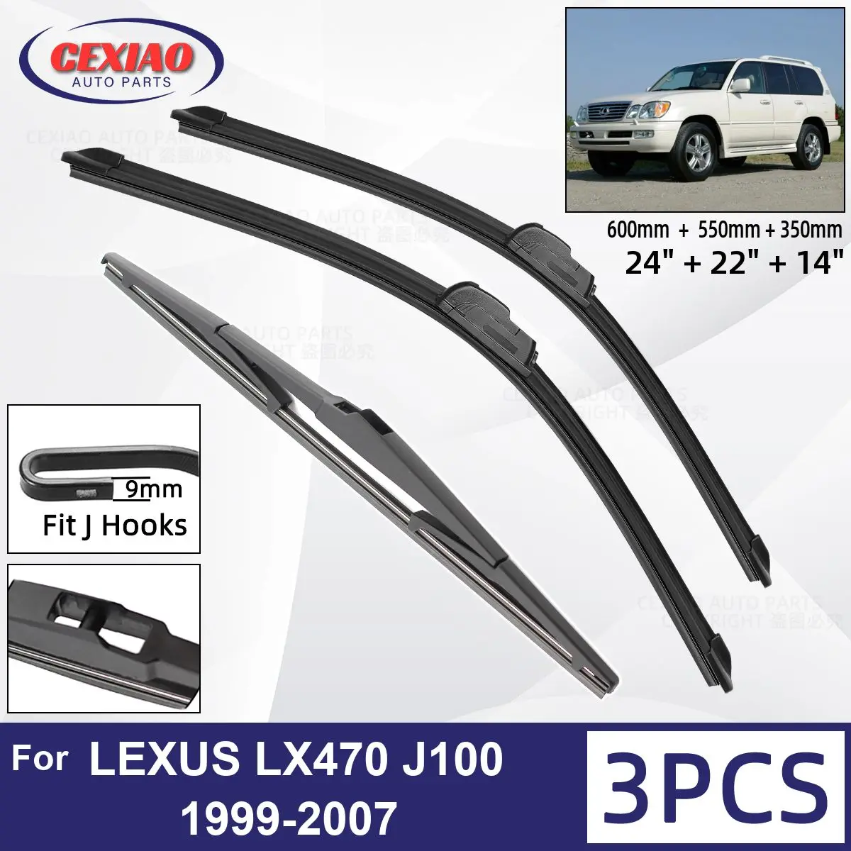 

For LEXUS LX470 J100 1999 - 2007 Car Front Rear Wiper Blades Soft Rubber Windscreen Wipers Auto Windshield 24"+22"+14" 2005 2006