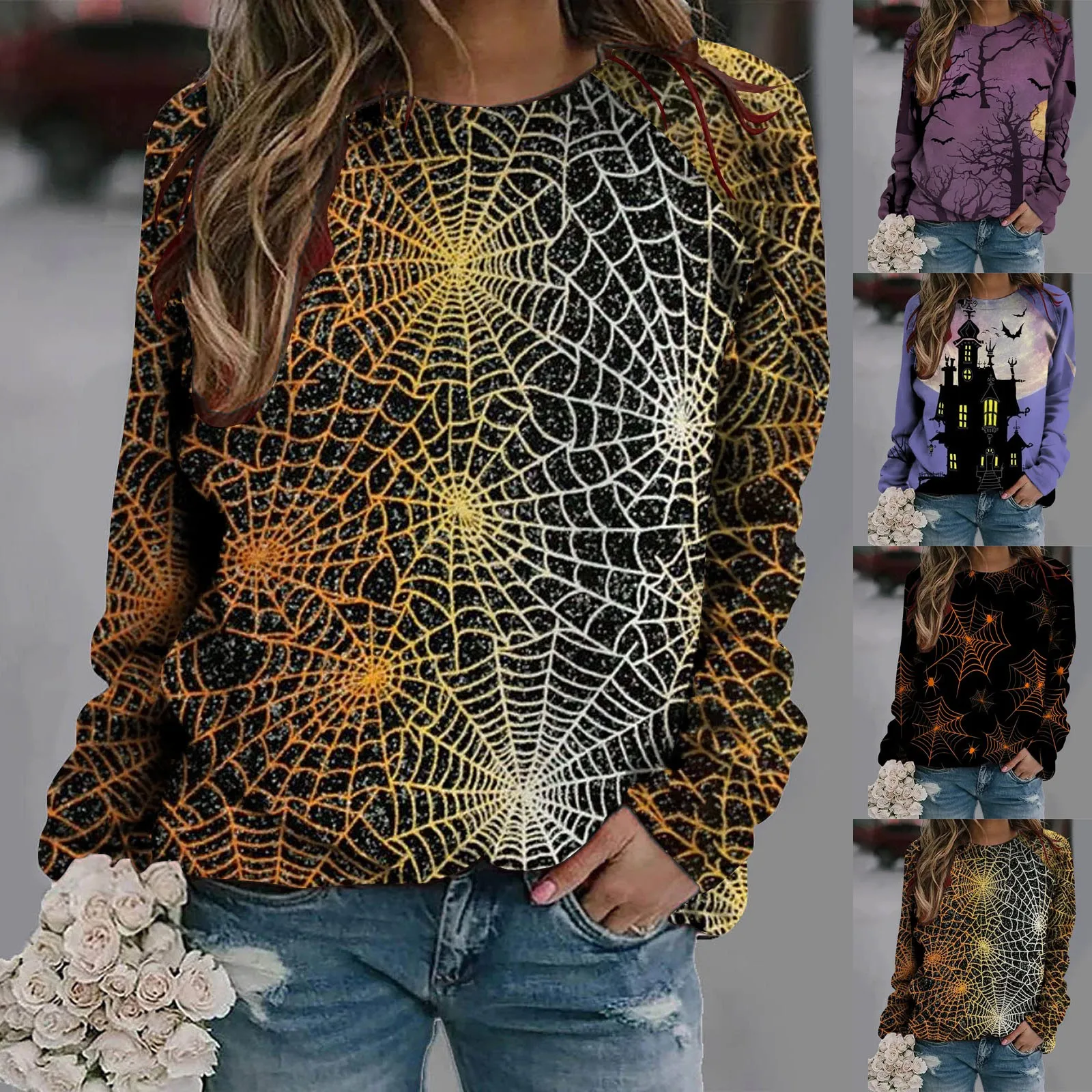 

Women's Casual Fashion 2022 Halloween Print Long Sleeve O-Neck Pullover Top sudaderas con capucha roupas femininas 2022 New худи
