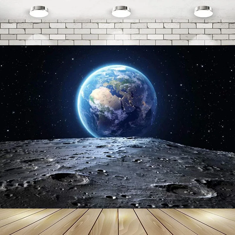 

Fabric Outer Space Universe Earth Moon Surface Furnished Happy Birthday Party Photography Backdrop Background Banner Decor