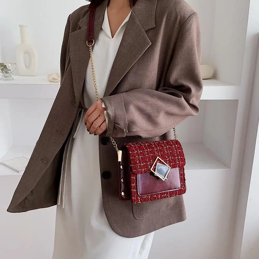 

Hot Sale Handbags Delicate Design Fashion Women Woolen Shoulder Bag Leather Winter Classic Chain Messenger Handbag