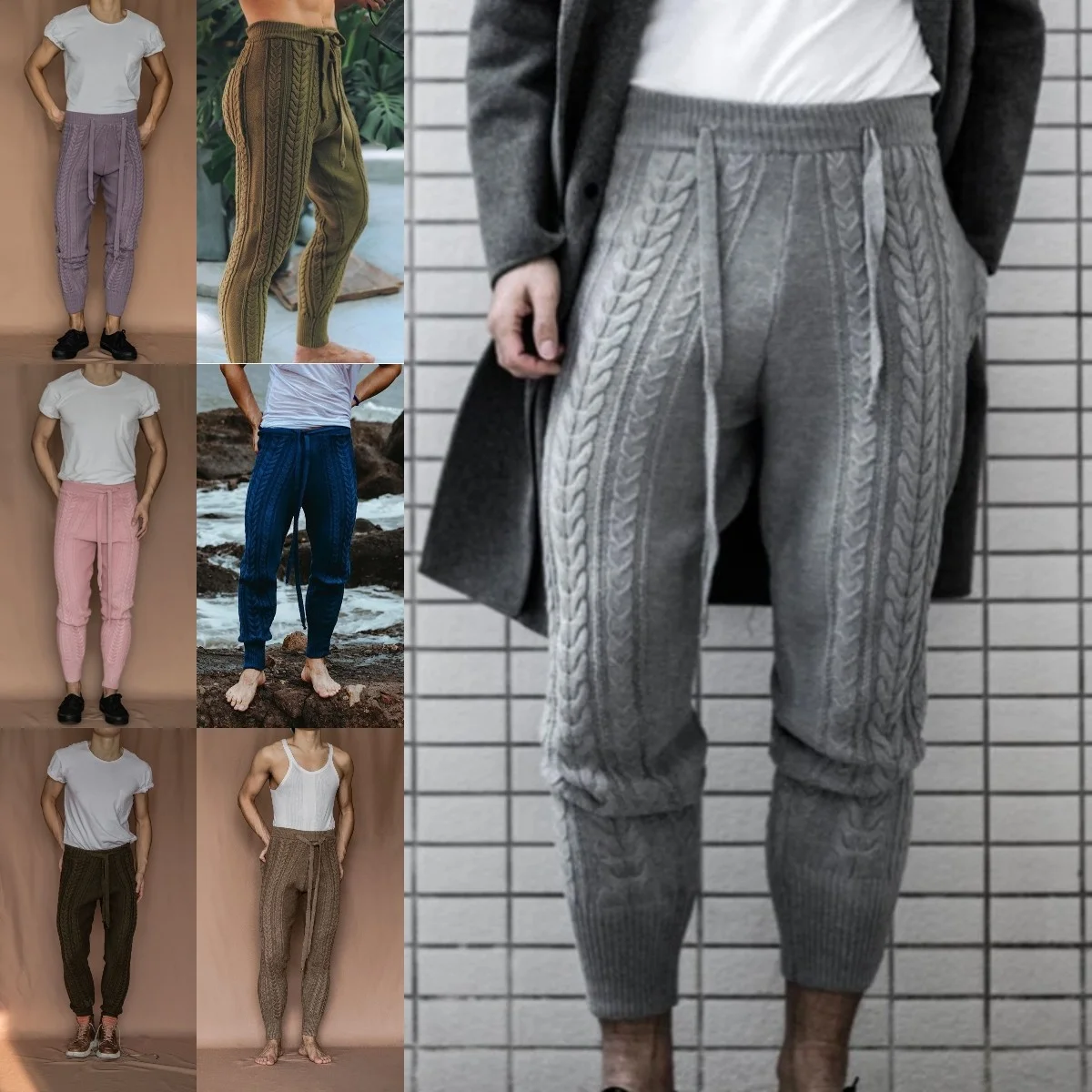 

Men Knitted Trousers Pants Slim Fashion Men's Ankle-Length Pants Drawstring Solid Color Pencil Autumn Winter Warm Fashion