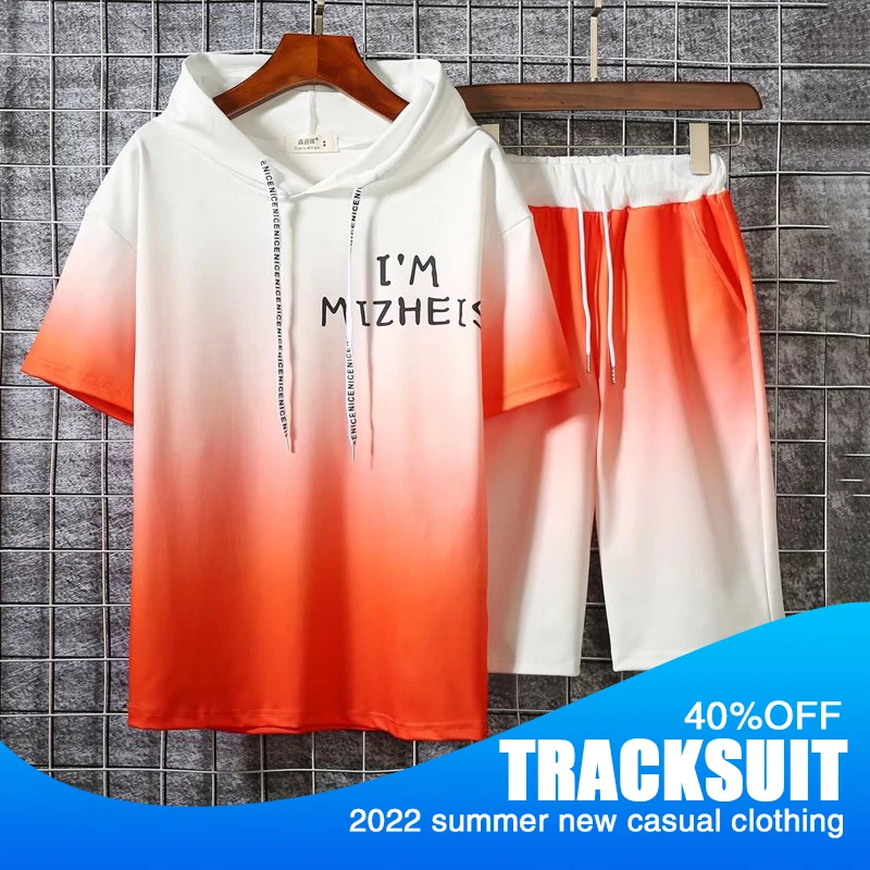 Summer Casual Men Short Sets Gradient Hooded Sweatshirt + Sports Shorts Two Piece Set Summer 2022 Korean Fashion Men's Clothing