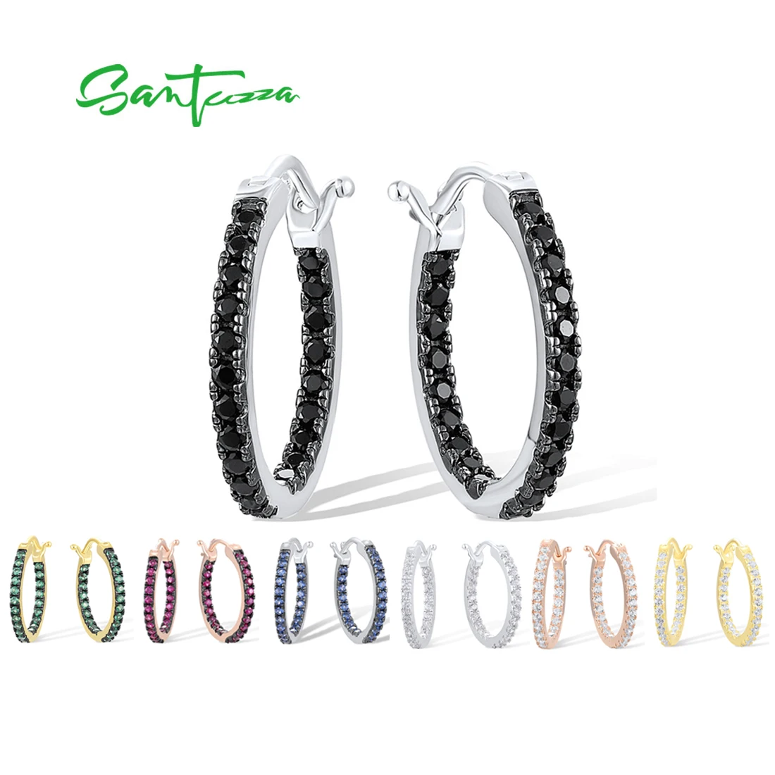 SANTUZZA 925 Sterling Silver Hoop Earrings For Women White/Blue CZ Black/Green Spinel Lab Created Ruby Simple Style Fine Jewelry