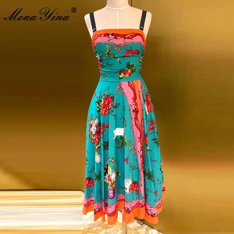 

MoaaYina Fashion Designer dress Summer Women Dress Spaghetti Strap Food vegetable print Vacation Party Vintage Silk Dresses