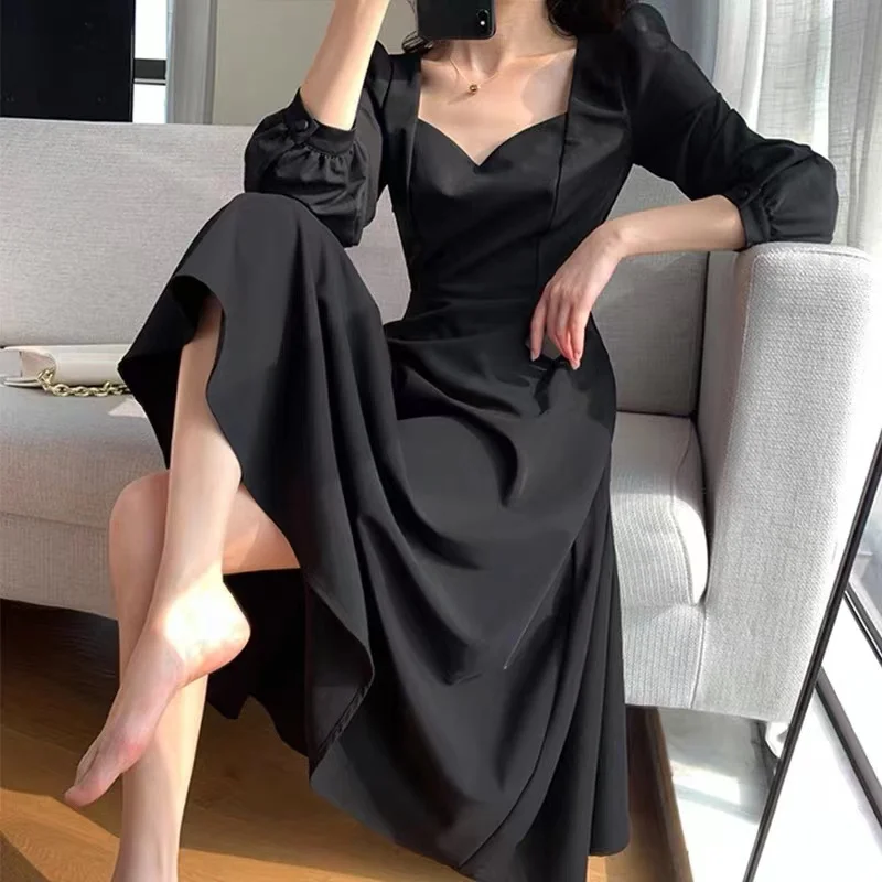 

Черное женское осеннее новое черное платье с длинным рукавом в стиле Хепберн с V-образным вырезом длиной до щиколотки в Корейском стиле ретро длинное черное платье