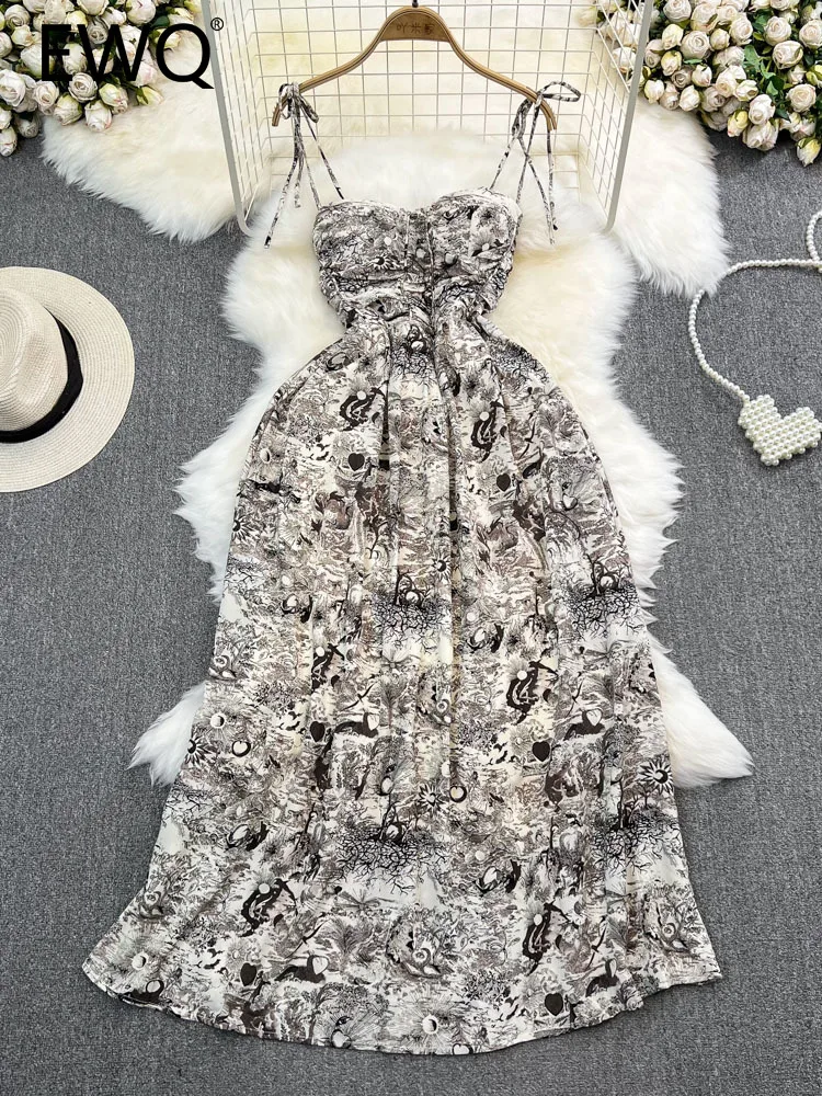 

EWQ Sweet Style Strapless Bandage Patchwork Contrast Color Print A-line High Waist Women's Dress 2023 Summer New Dresses SN2489