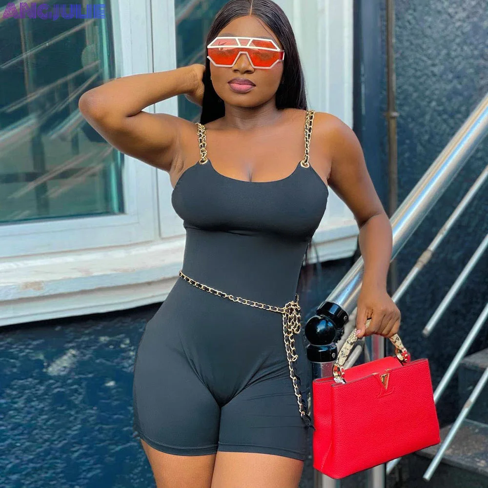 

Angjulie Mini Jumpsuit Women Clothes Fashion Trends 2022 Metallic Sling Chain Sleeveless Sexy Slim Stretchy Summer Short Overall