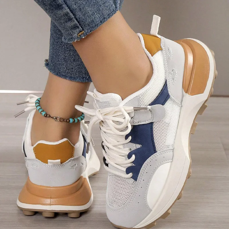 Women Summer Color Block Letter Patch Decor Sneakers Soft Sole Shoes Women Chunky Heel Fashion Sneaker Breathable Sneakers