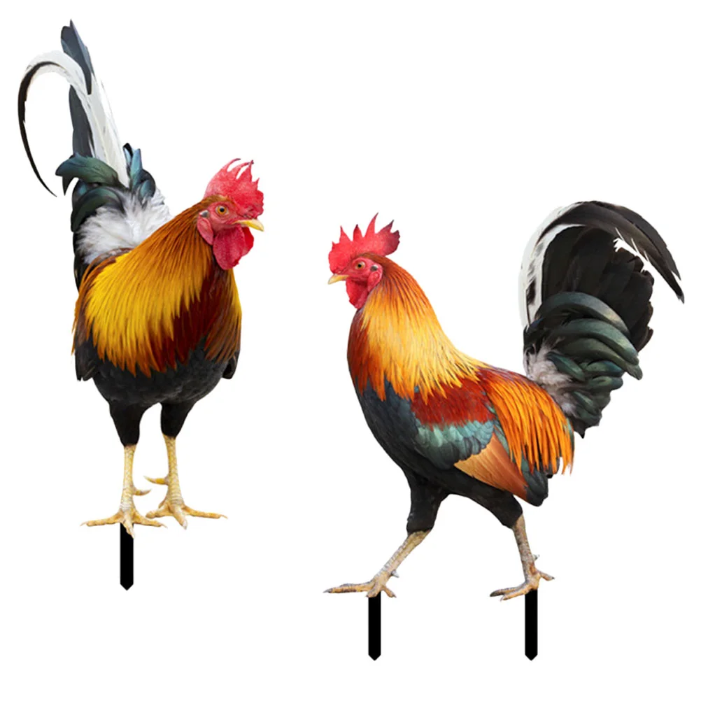 2 Pcs Outdoor Chicken Figurines Hen Yard Stake Rooster Metal Trim Animals Stakes Easter Ornament Statues Shape