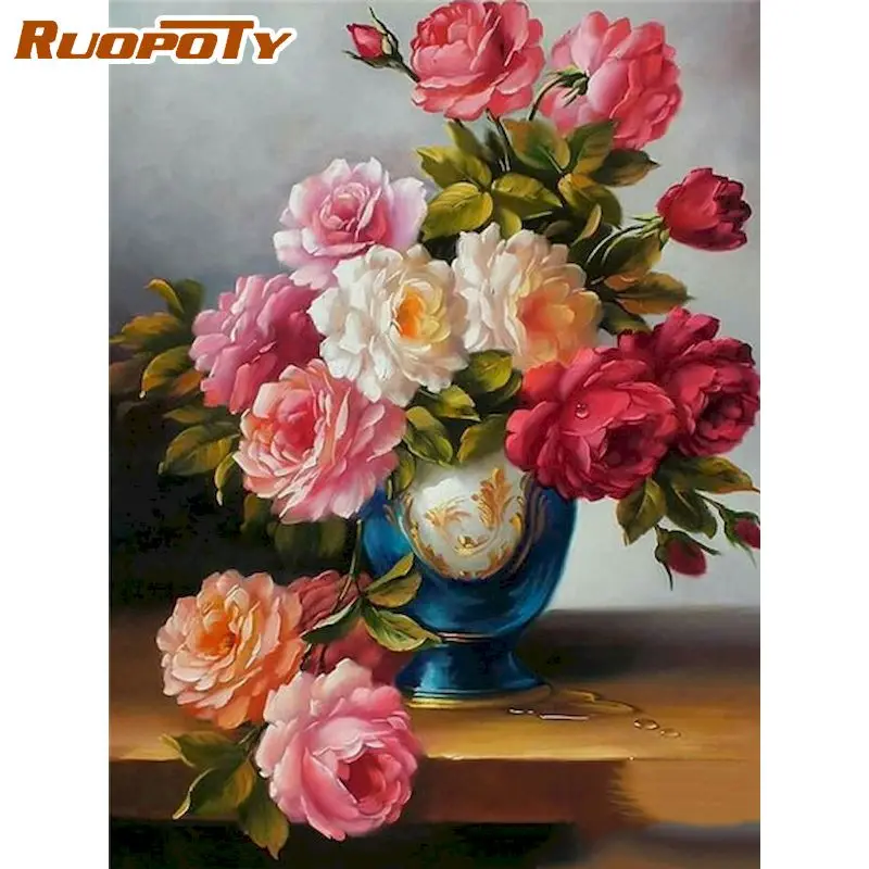 

RUOPOTY Diy Painting By Number Peony Drawing On Canvas Gift Pictures By Numbers Flowers In Vase Kits Handpainted Home Decor