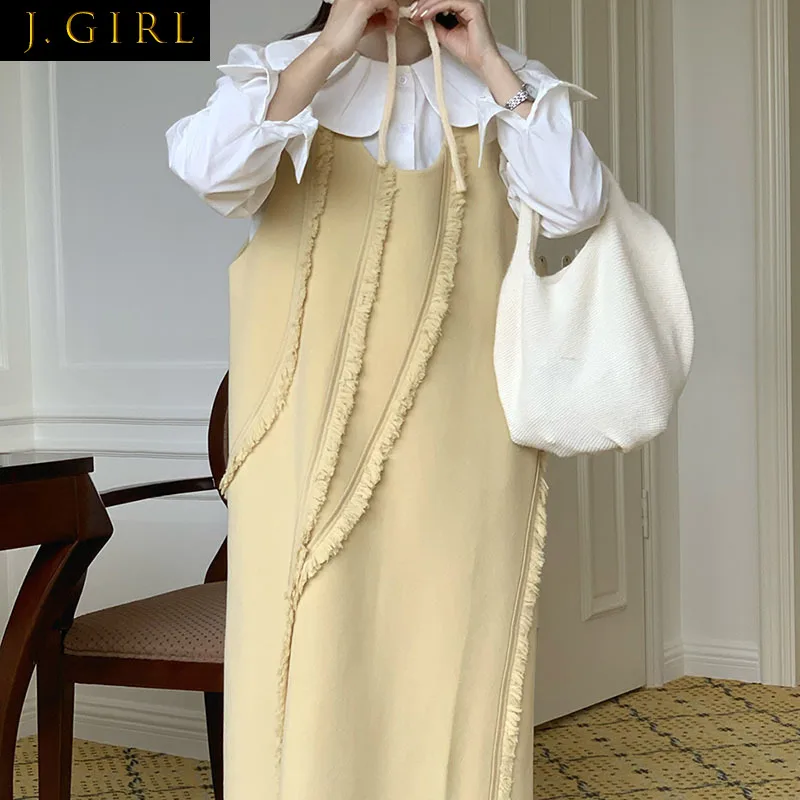 

J GIRLS Women Strap Dress Autumn Gentle Cream Yellow Fringe Double-faced Vest Dress Age-reduce Petal Doll Collar Shirt Female