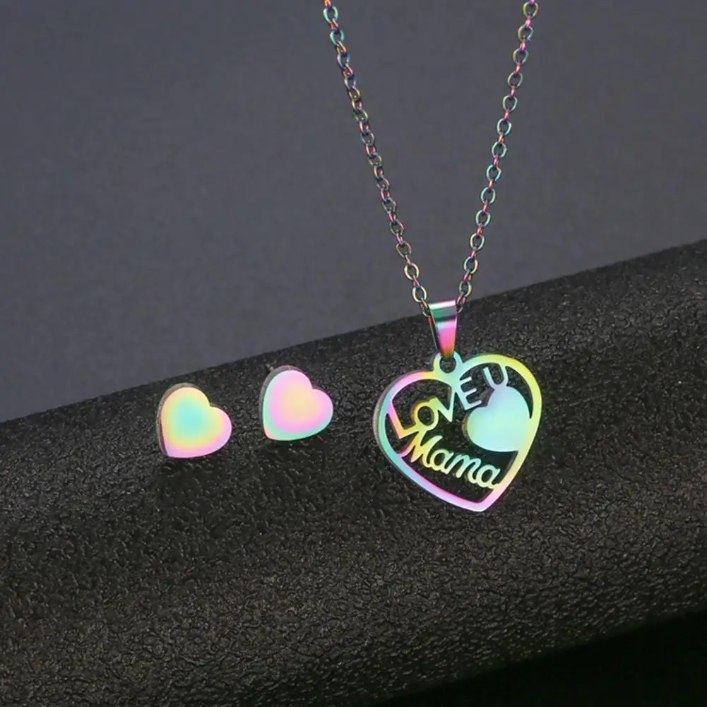 

2Pcs/Set Love U Mama Jewelry Sets Mother's Day Gift Rainbow Color Stainless Steel Love Heart Ear Studs Earrings Necklace Kit