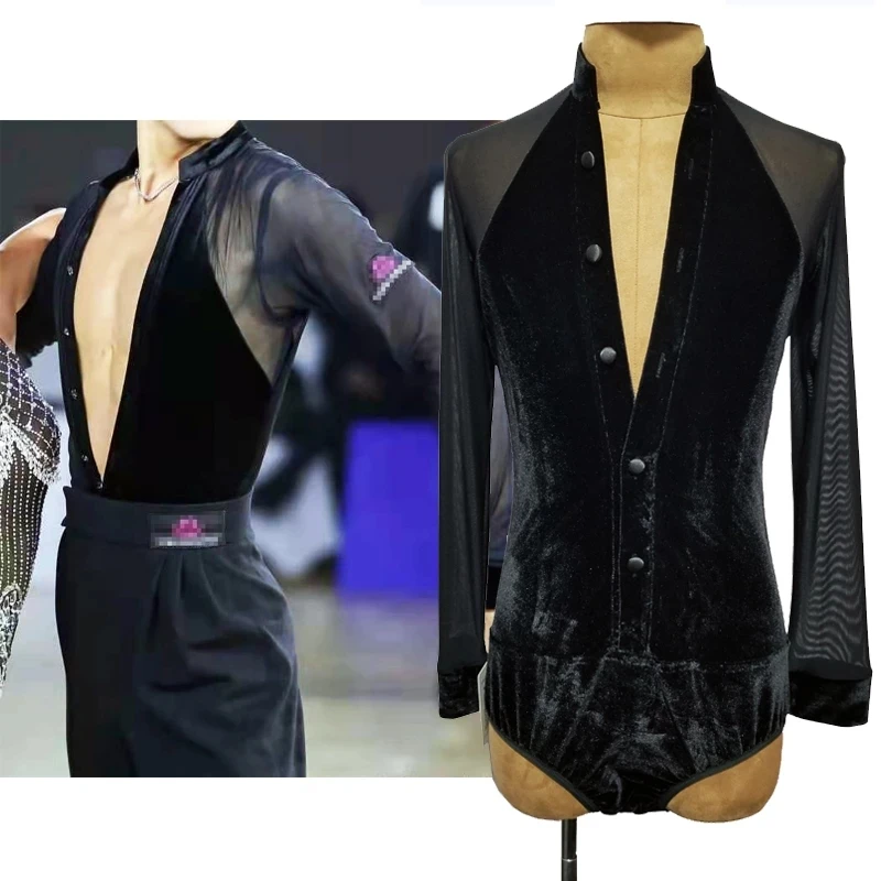 

Men Latin Dance Competition Bodysuit Velvet Long Sleeve Ballroom Dancing Stage Costume ChaCha Tango Performance Leotard VDB6250