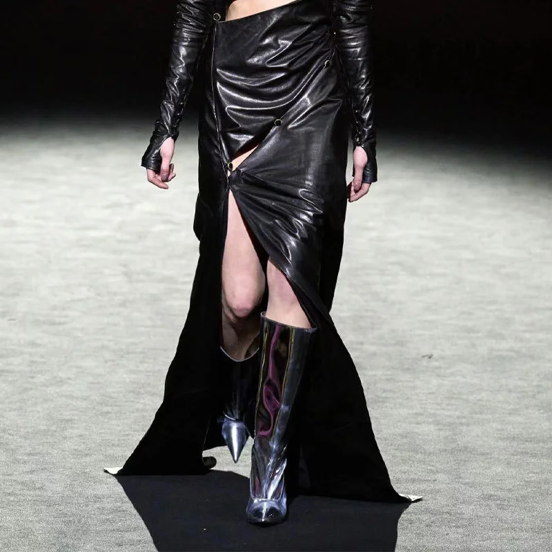 Autumn And Winter New Style Women's Knee High Boots Teeth Shaped Heel Female Shoes Patent Leather Slip-on Fashion Lady Footwear