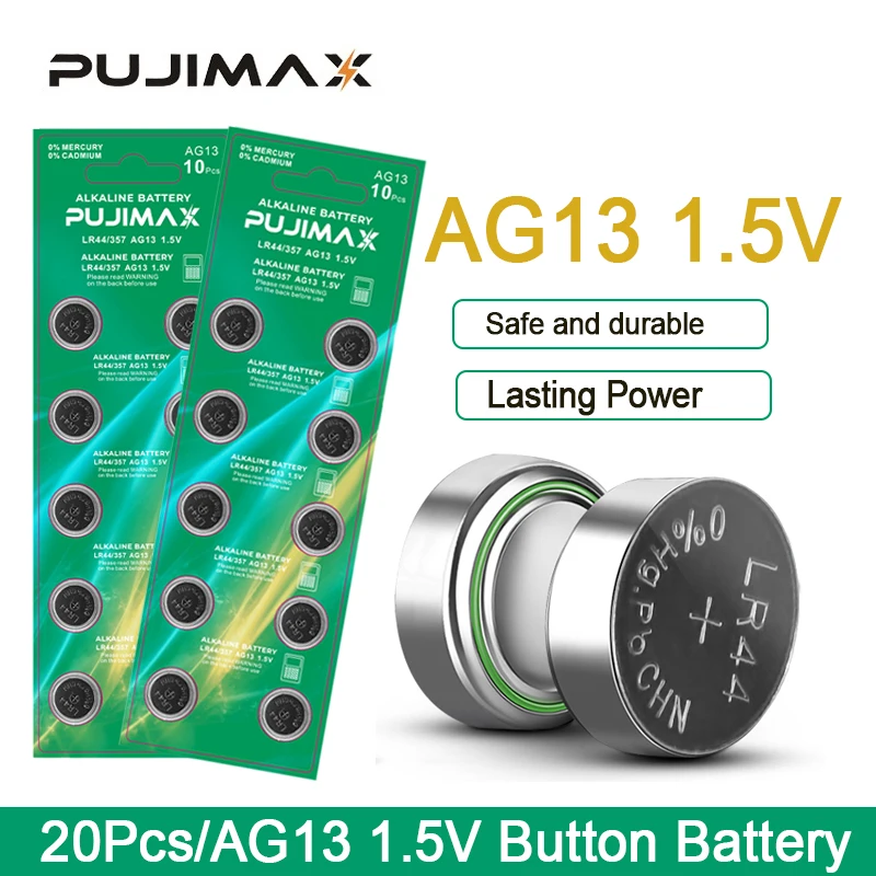 

PUJIMAX 20 шт. LR44 Кнопочная батарея A76/AG13/LR1154/SR1154 1,5 в, щелочные батареи для калькулятор, игрушек, часов, не содержит ртути и кадмий
