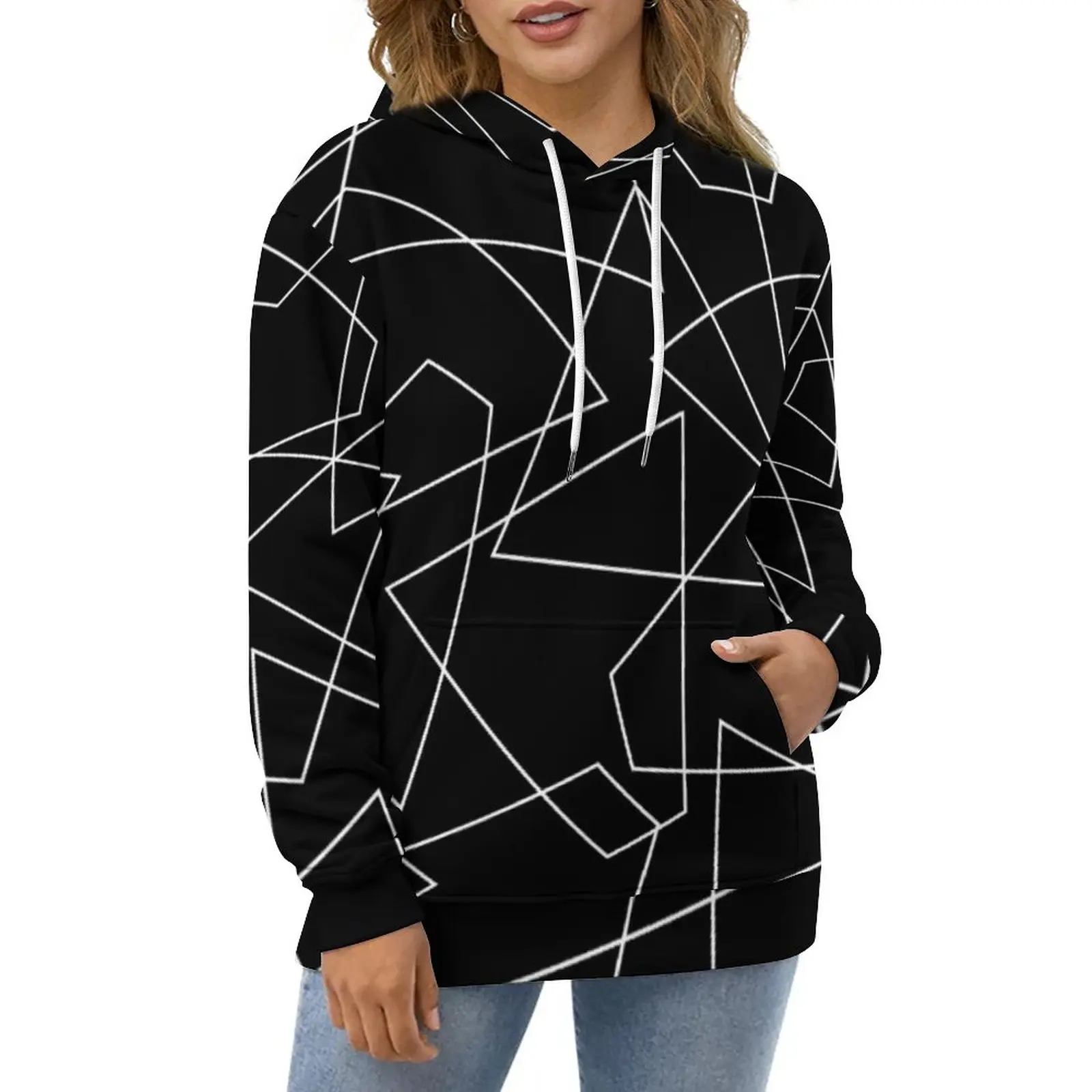

Abstract Geometry Casual Hoodies White Line Print Design Loose Hoodie Long Sleeve Harajuku Oversized Clothes Birthday Present