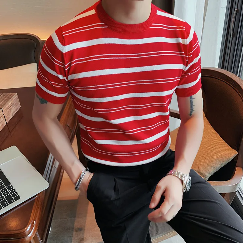 2022 Men's Simple Autumn and Winter New Short-sleeved Striped Sweater Slim Round Neck Fashion Casual Bottoming All-match Top
