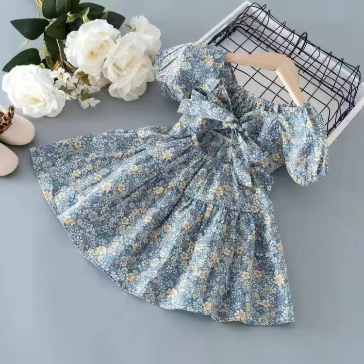 

New 2022 Summer Kids Girls Dress Print Floral Bow Dresses for Kids Girls Fashion Princess Cotton Children Clothing