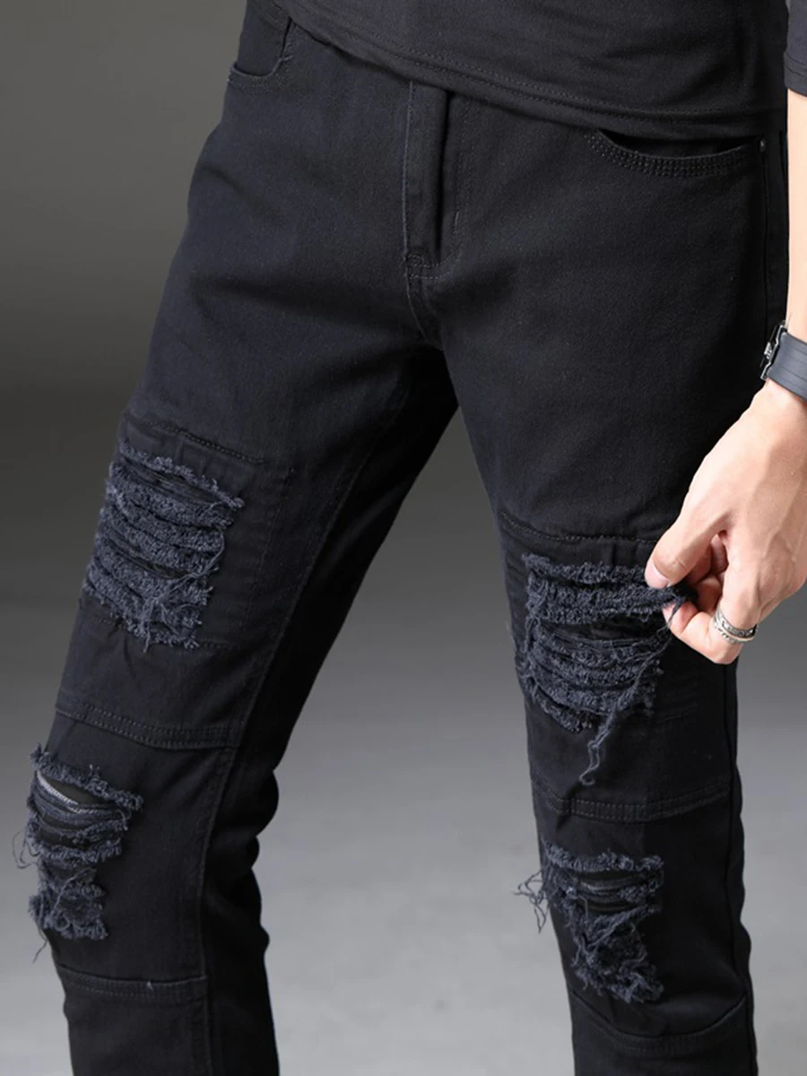 Four Seasons Men's Jeans Frayed Fashion Micro-elastic Small Straight Young Fashion Trousers Four Seasons Men Large Size Trousers