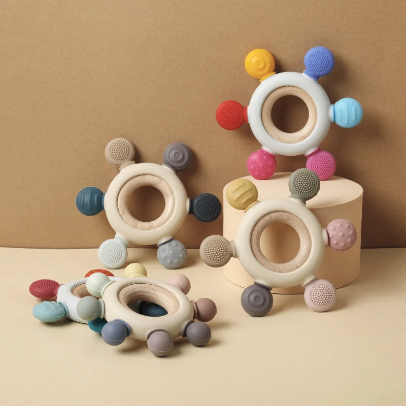

Silicone Baby Teether Rattle Rudder Shape Wooden Teether Ring Food Grade BPA Free Silicone Soothing Toys Teething Toys Kid Gift