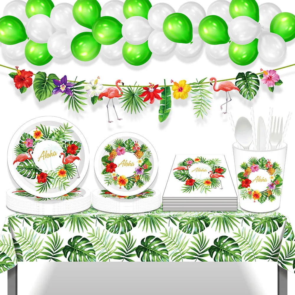 

Cartoon Flamingo Hawaii Summer Aloha Flowers Birthday Party Paper Disposable Tableware Sets Plates Baby Shower Party Decorations
