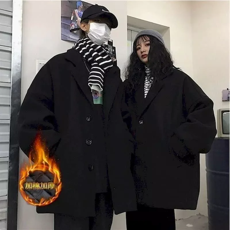 

Cotton thick coat High Street female student autumn winter Korean loose men women Harajuku suits long black retro woolen coat