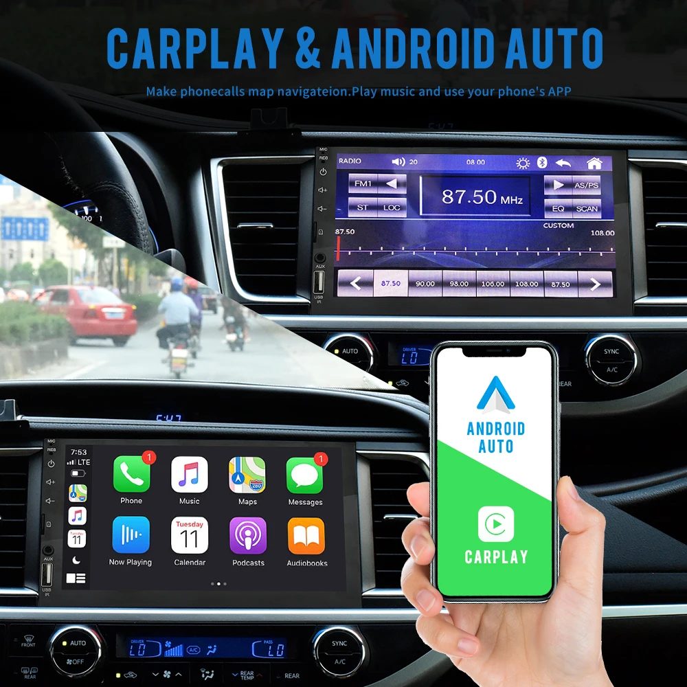 Фото Автомагнитола CarPlay, 2 din, Android, 7-дюймовый дисплей, Bluetooth, гарнитура громкой связи, TF, Aux-in, USB, головное устройство, FM, стерео №2