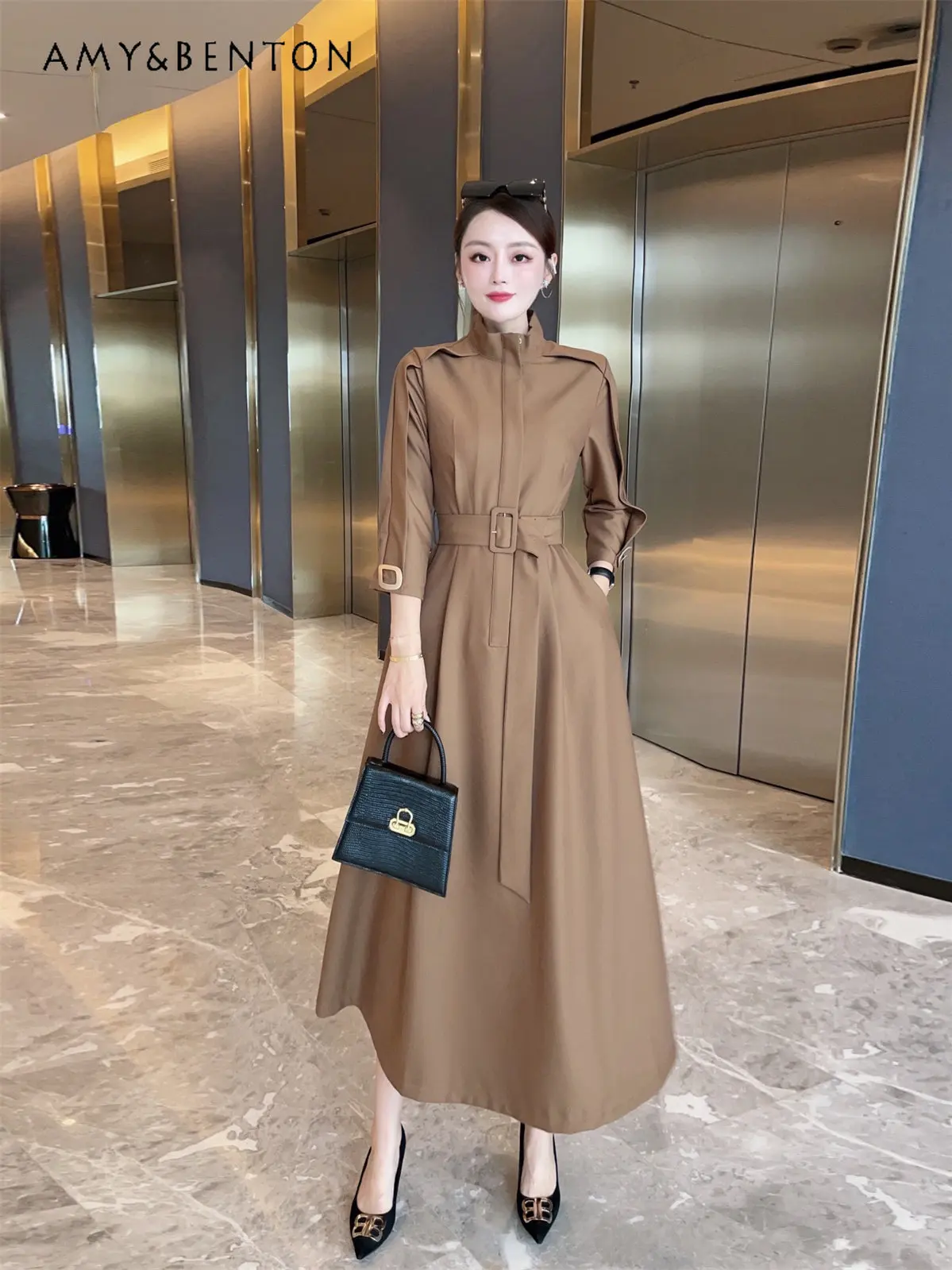 Elegant Fashion Dress Women's Spring and Autumn High-End Stand Collar Shirt Dress A-line Solid Color Mid-length Dress