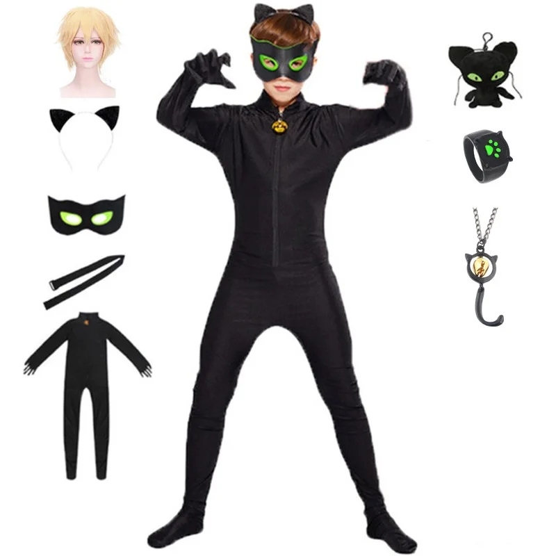 

Праздничный костюм для косплея, Детский костюм на Хэллоуин, Черный кот с париком, для девочек, для выступления на сцене, вечеринки, рождестве...