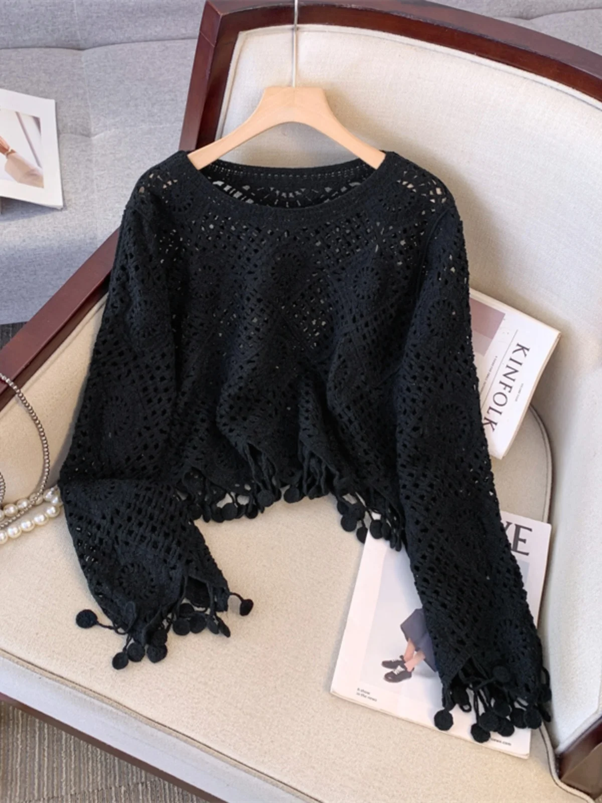 Дизайнерская ажурная вязаная накидка крючком для женщин осень большие размеры
