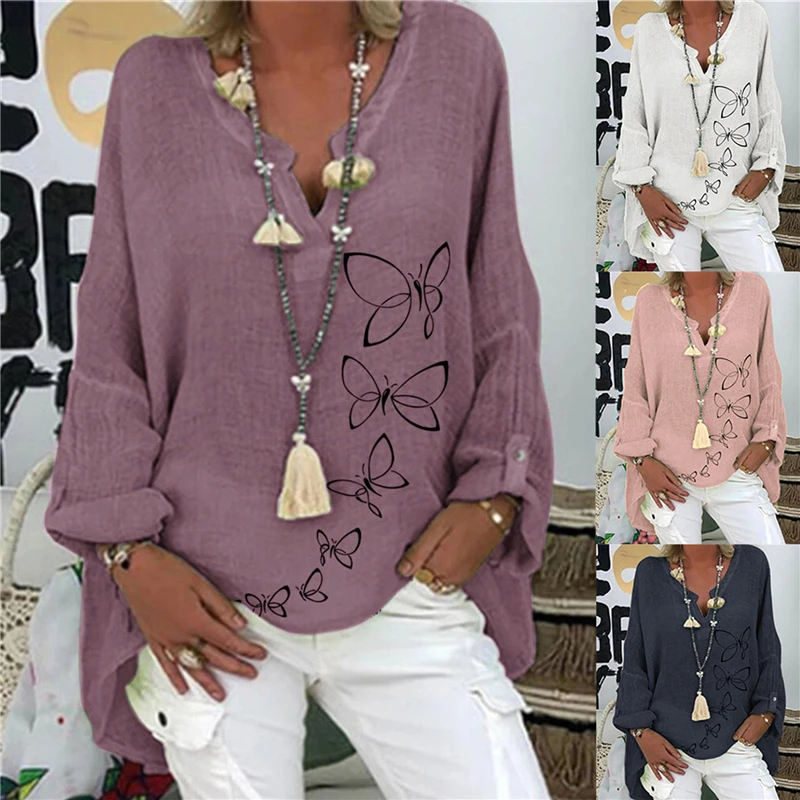 

Блузка женская с принтом бабочки, пикантная рубашка с V-образным вырезом, повседневный весенний Топ с длинным рукавом, свободная женская оде...