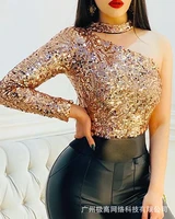sexy one shoulder rose gold sequins jumpsuit women tops 2022 summer new long sleeve o neck party club one piece top