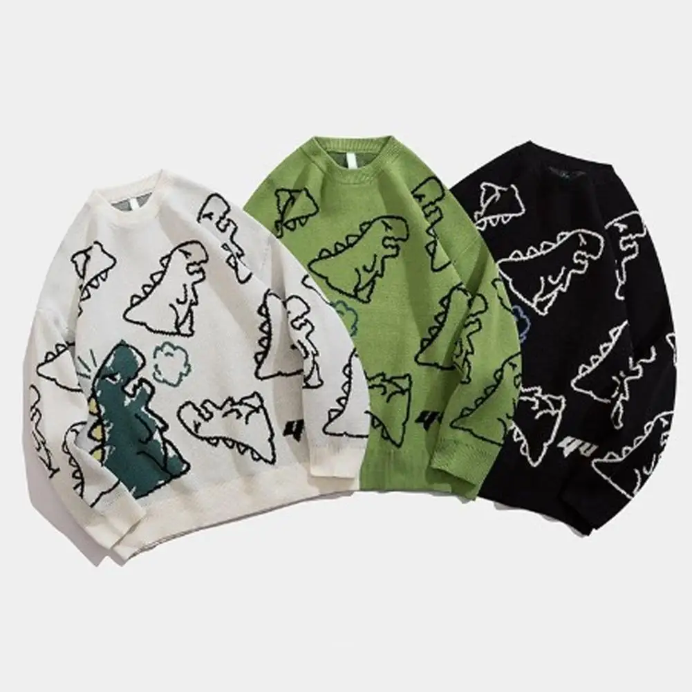 

Stretchy Cute Cartoon Dinosaur Print Autumn Sweater Casual Men Sweater Long Sleeves for Daily Wear