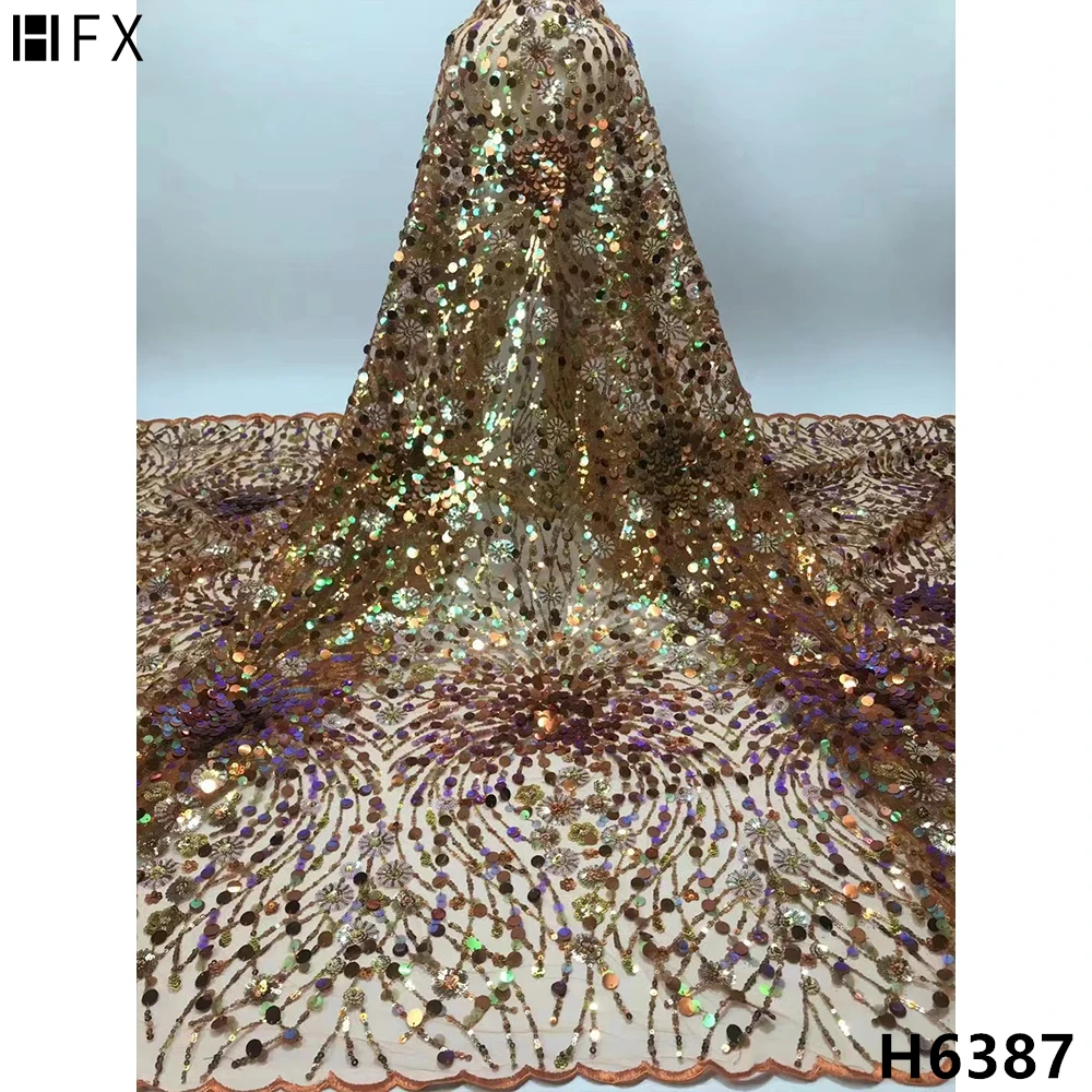 

Африканская кружевная ткань HFX, новинка 2022, кружевная ткань оранжевого цвета, Высококачественная Тюлевая кружевная ткань с блестками для св...