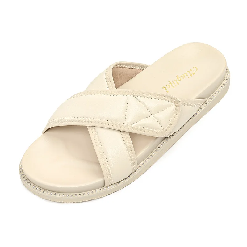 Plus Size 35-42 43 Women Sandals Leather X Cross Upper Flats Slippers Fashion Platform Outdoor Summer Slip on Sandal Shoes