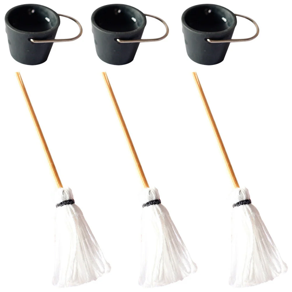 

3 Sets Toy Miniature Mop Model Buckets Landscaping Decor Accessories Decoration DIY Kit