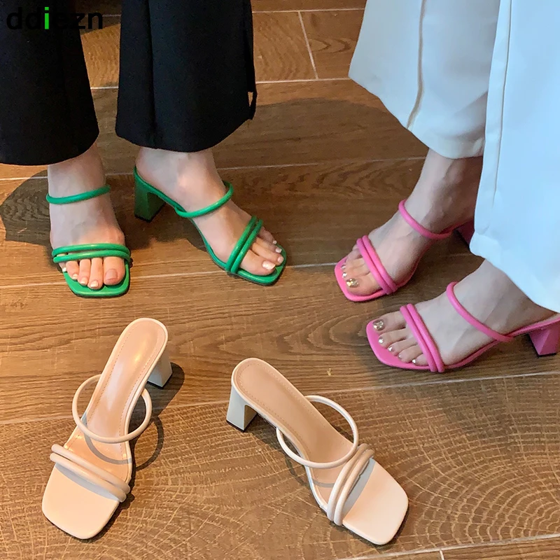 

Slippers Big Size Woman Pumps Slides Square Toe Shoes Ladies High Heels 2022 New Fashion Casual Female Shoes For Women Sandals