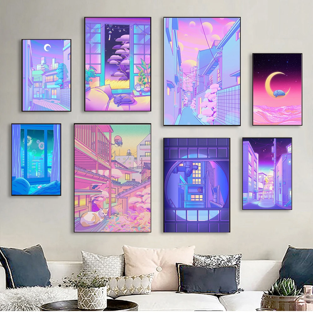

Night City Pop Kyoto Poster Osaka Tower City Street Midnight Matsuri Pink Painting Wall Art Home Kawaii Room Decor Canvas Poster