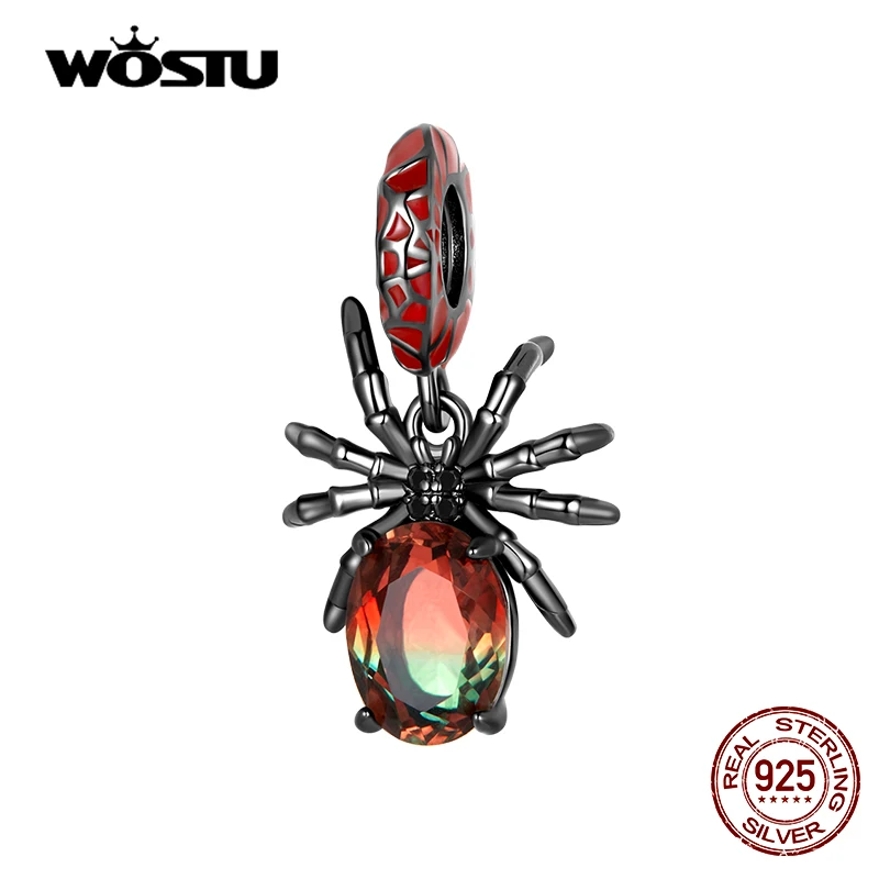 

WOSTU 100% 925 Sterling Silver Delicate Punk Black Red Spider Pendant Animal Charm Beaded Fit Original DIY Bracelet Fine Jewelry
