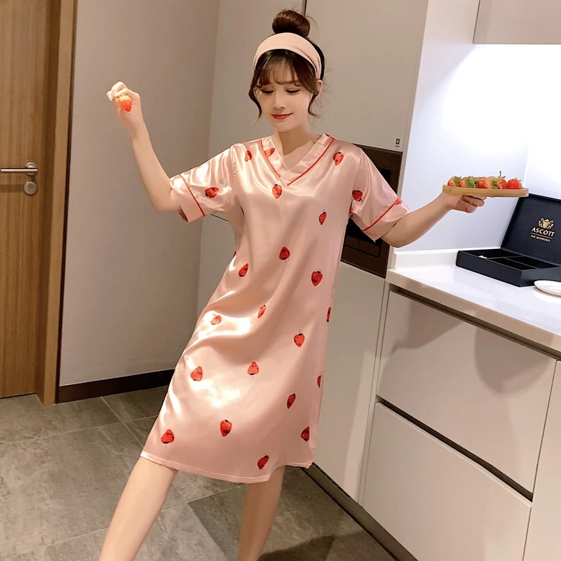 2022 Hot Summer Plus Size Silk Satin Print Nightgowns for Women Short Sleeve V-neck Sleepwear Nightdress Night Dress Home Nighty